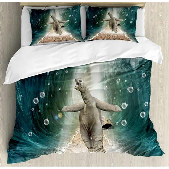 Animal Decor King Size Duvet Cover Set, Naked Turtle Left its Big Shell Dividing the Ocean Walking Through Freely Print, Decorative 3 Piece Bedding Set with 2 Pillow Shams, Multi, by Ambesonne