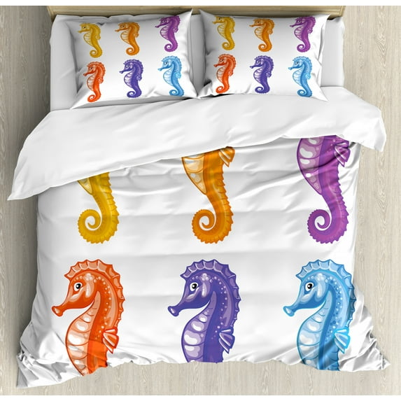 Animal Decor King Size Duvet Cover Set, Set of Baby Seahorse Diving Swim Unique Young Happy Mascot Maritime Art Prints, Decorative 3 Piece Bedding Set with 2 Pillow Shams, Multi, by Ambesonne