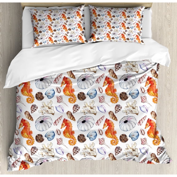 Animal Decor Queen Size Duvet Cover Set, Bunch of Deep Sea Elements with Screw Shell Crabs Urchin Oyster Coral Ammonit Print, Decorative 3 Piece Bedding Set with 2 Pillow Shams, Multi, by Ambesonne