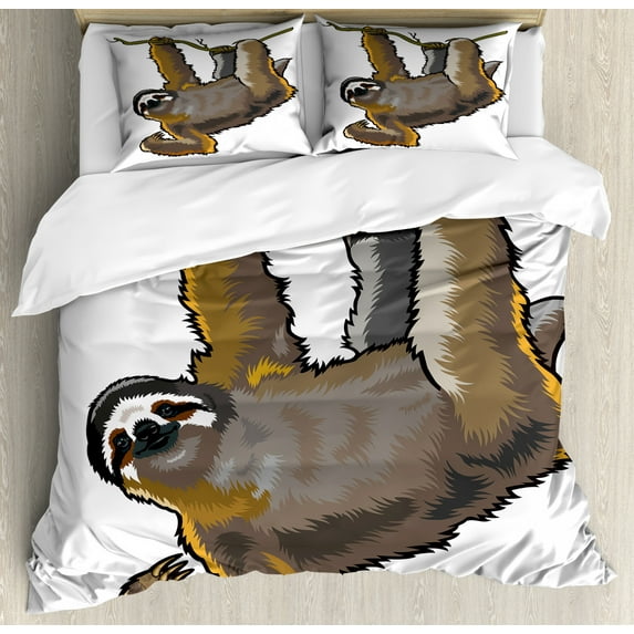 Animal Decor Queen Size Duvet Cover Set, Cartoon like Sloth Bear Tropic Wild Cute Lazy Sleepy Creature Australian Theme Art, Decorative 3 Piece Bedding Set with 2 Pillow Shams, Grey, by Ambesonne
