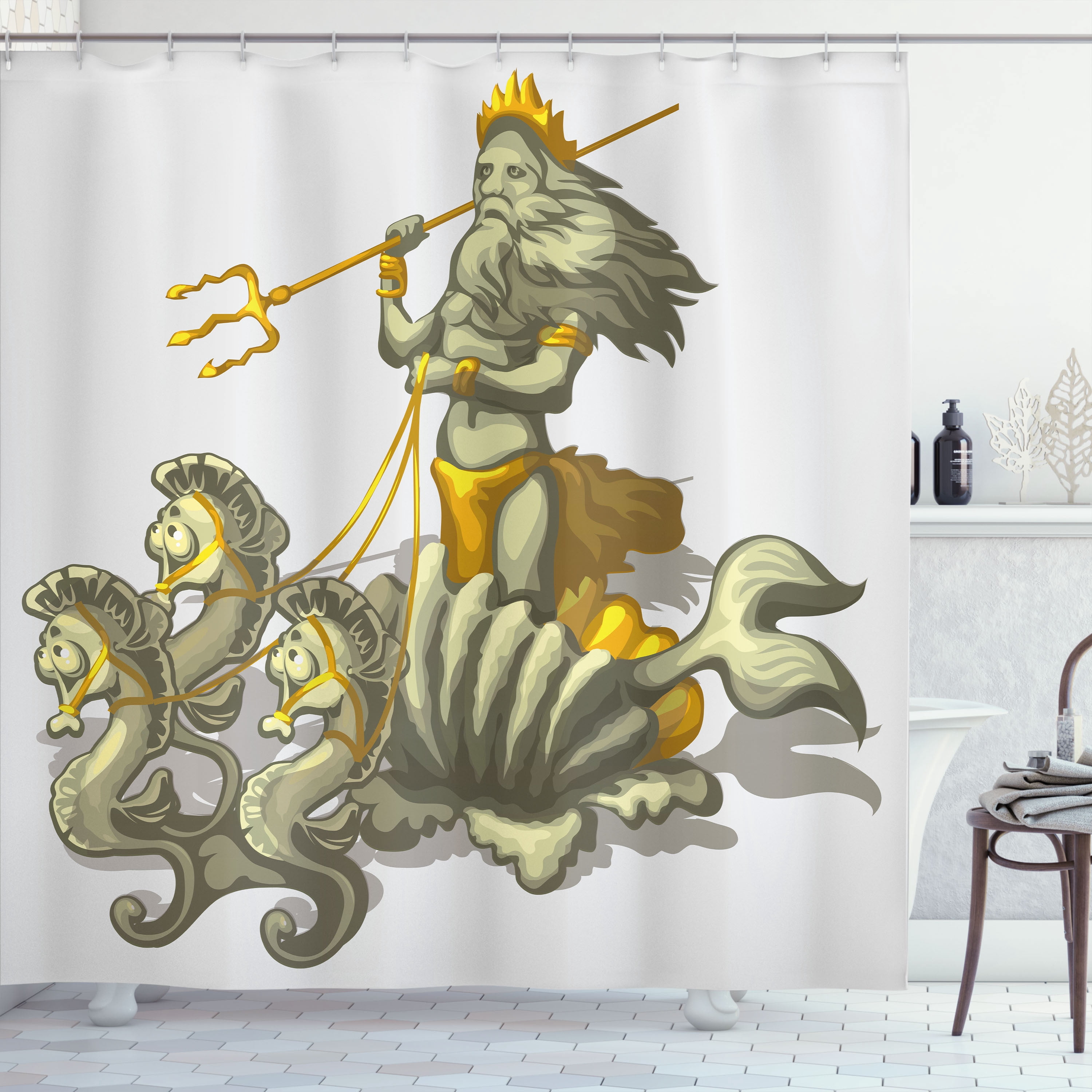 Poseidon Shell Animal Decor Shower Curtain, Old Mythologic Character Triton in Shell ...