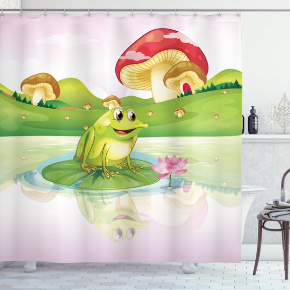 Animal Decor Shower Curtain Set, Illustration Of Cute Frog On Water Lily With Mushrooms On The Background Nature Lake Art Print, Bathroom Accessories, 69W X 70L Inches, By Ambesonne