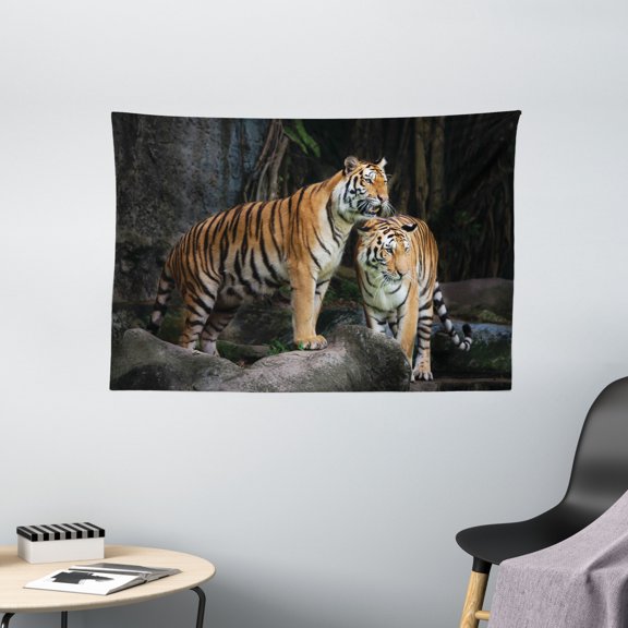 Animal Decor Tapestry, Tiger Couple in the Jungle on Big Rocks Image Wild Cats in Nature Print, Wall Hanging for Bedroom Living Room Dorm Decor, 60W X 40L Inches, Grey and Ginger, by Ambesonne