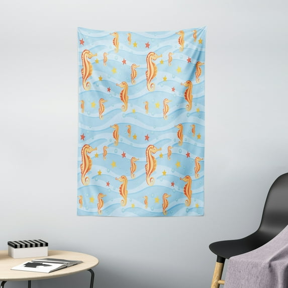 Animal Decor Tapestry, Water Bubbles on Surface with Seahorse and Sea Star in Waves Coast Tropical, Wall Hanging for Bedroom Living Room Dorm Decor, 40W X 60L Inches, Orange Blue, by Ambesonne