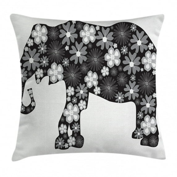 Animal Decor Throw Pillow Cushion Cover, Floral Elephant Pattern with Flower Petals on the Body Tropical Boho Zoo Image, Decorative Square Accent Pillow Case, 20 X 20 Inches, Black Grey, by Ambesonne