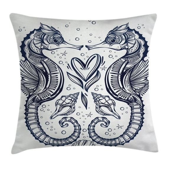 Animal Decor Throw Pillow Cushion Cover, Romantic Ink Seahorse Lovers Kissing with Heart Nautical Elements Exotic Fauna, Decorative Square Accent Pillow Case, 18 X 18 Inches, Royal Blue, by Ambesonne