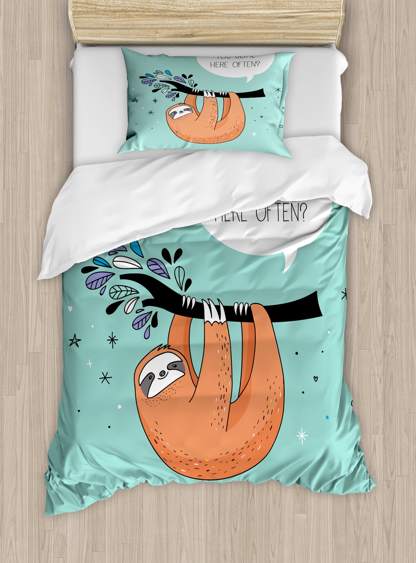 Teal and Orange Cartoon Sloth Twin Duvet Cover Set
