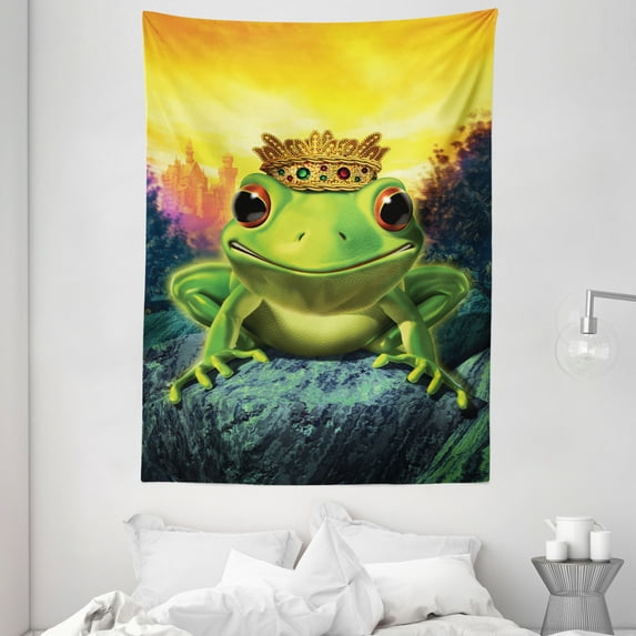 Animal Decor Wall Hanging Tapestry, Frog Prince with His Golden Crown on the Rocks Fairytale Soul Mates Illustration Print, Bedroom Living Room Dorm Accessories, 60 X 80 Inches, by Ambesonne