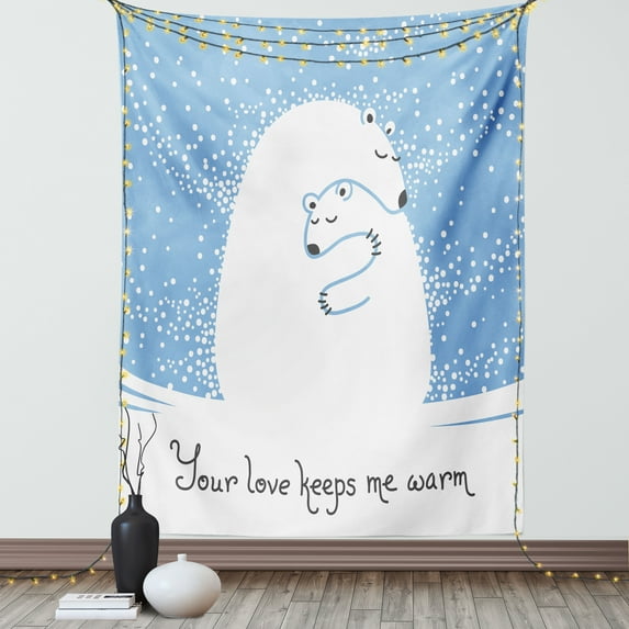 Animal Decor Wall Hanging Tapestry, Mother Polar Bear Hugging Her Baby in the Snow North Winter Love Keeps Warm Artful Theme, Bedroom Living Room Dorm Accessories, 60 X 80 Inches, by Ambesonne