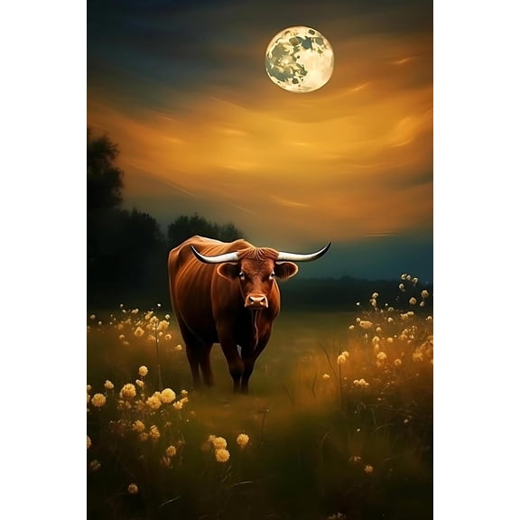 Animal Decorative - Healing Pictures HD Printed Canvas - Wall Art - Cow in Moonlight - Great for Gift Giving or Farmroom Living Room Decor Zoo Decoration Frameless 20x30inch