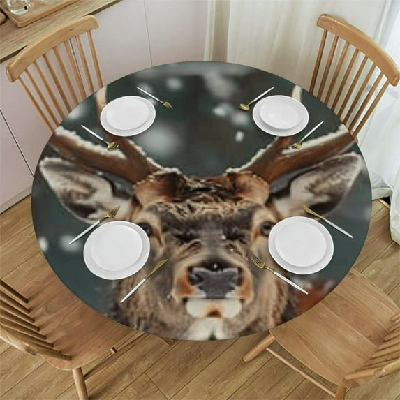 Animal Deer Fantasy Round Fitted Tablecloth with Elastic Edge Spring Summer Table Cover Waterproof Wipeable Table Cloth Linen