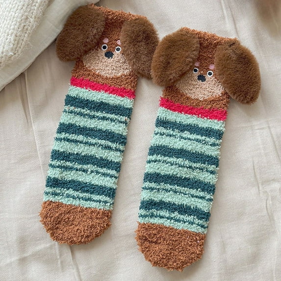 Animal Design Fuzzy Socks for Women Soft Dog 3D Coral Socks Winter Warm Cozy Fluffy Socks for Christmas Gifts