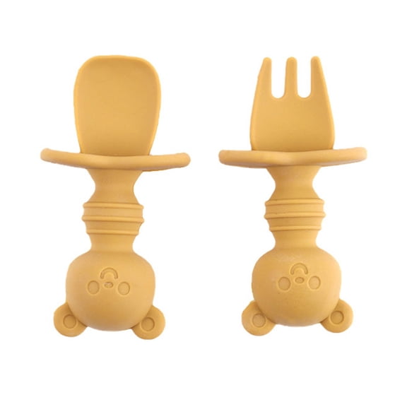 Animal Design Short Fork Spoon Set - Silicone, Kid-Safe, for Self-Feeding, Dishwasher Safe, for Home/Travel