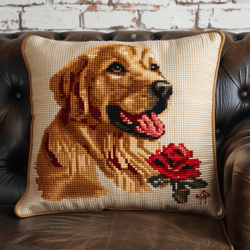 Animal Dog Cross Stitch Pillowcases Kits , 17.72" x 17.72" , Cross Stitch Kits Stamped (11 Count)