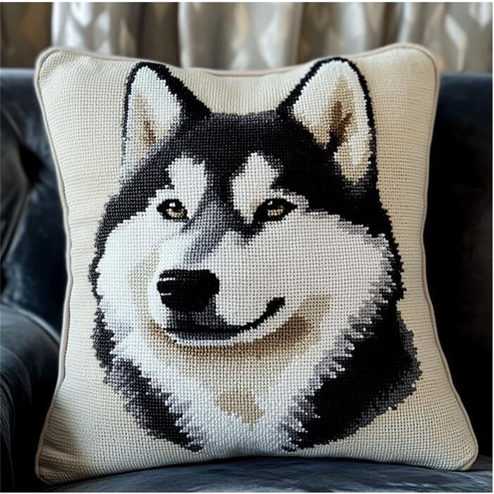 Animal Dog Stamped Cross-Stitch Pillow Kit Cushion Needlework Kit with Embroidery Pattern on Cotton Canvas Holiday,Gift Kits 17x17in