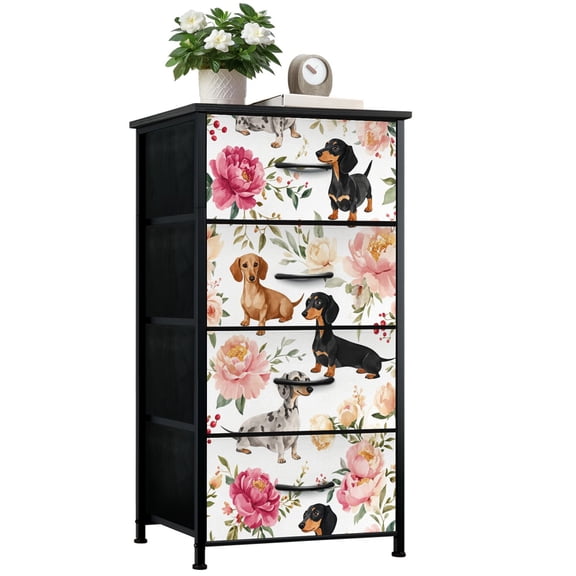 Animal Dresser for Bedroom with 4 Storage Drawers Dachshund Dog Pink Floral Design Dressers Chest of Drawers Steel Framed Fabric Closet Organizers for Nursery Entryway
