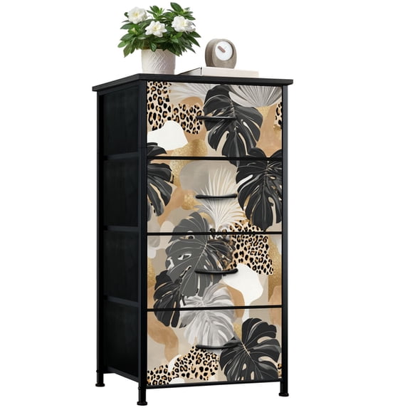 Animal Dresser for Bedroom with 4 Storage Drawers Monstera Leaves Leopard Print Seamless Earth Tones Dressers Chest of Drawers Steel Framed Fabric Closet Organizers for Nursery Entryway