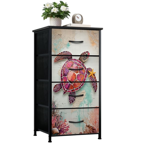 Animal Dresser for Bedroom with 4 Storage Drawers Retro Turtle Ocean Aquatic Animals Undersea Coral Kids Room Sea Dressers Chest of Drawers Steel Framed Fabric Closet Organizers for Nursery Entryway