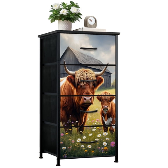 Animal Dresser for Bedroom with 4 Storage Drawers Rustic Highland Cow Watercolor Farmhouse Animal Cattle Dressers Chest of Drawers Steel Framed Fabric Closet Organizers for Nursery Entryway