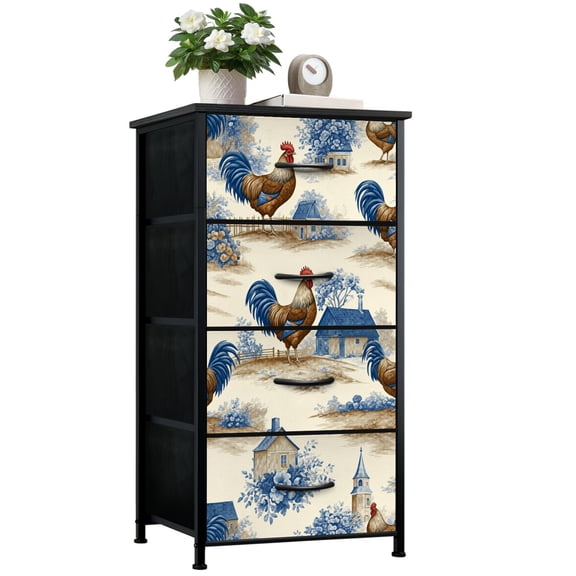Animal Dresser for Bedroom with 4 Storage Drawers Vintage Farmhouse Toile Roosters Cottages Blue Floral Motifs Dressers Chest of Drawers Steel Framed Fabric Closet Organizers for Nursery Entryway