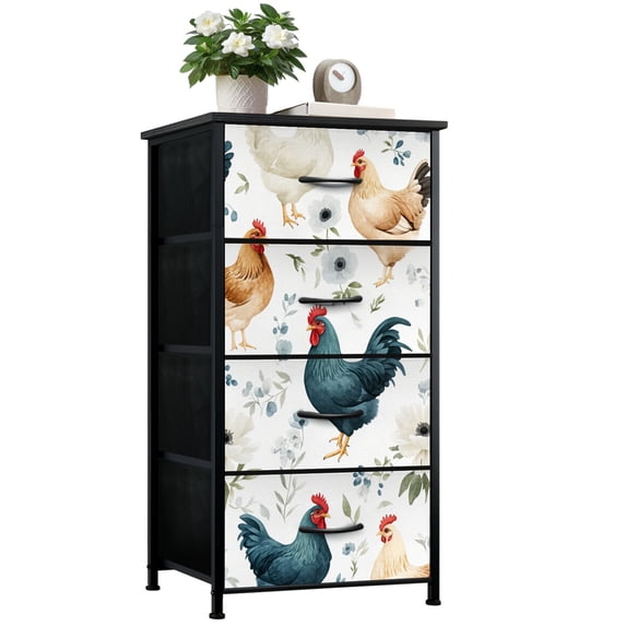 Animal Dresser for Bedroom with 4 Storage Drawers Watercolor Chickens Floral Greenery White Anemones Dressers Chest of Drawers Steel Framed Fabric Closet Organizers for Nursery Entryway