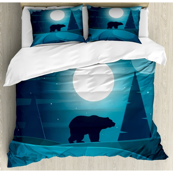 Animal Duvet Cover Set, Bear Silhouettes Illustration Night Mountain Pine Trees Computer Graphics Art, Decorative 3 Piece Bedding Set with 2 Pillow Shams, Queen Size, Petrol Blue, by Ambesonne