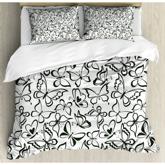 Animal Duvet Cover Set, Butterfly Pattern Freedom Sign Feminine Illustration, Decorative 3 Piece Bedding Set with 2 Pillow Shams, Calking Size, White and Black, by Ambesonne