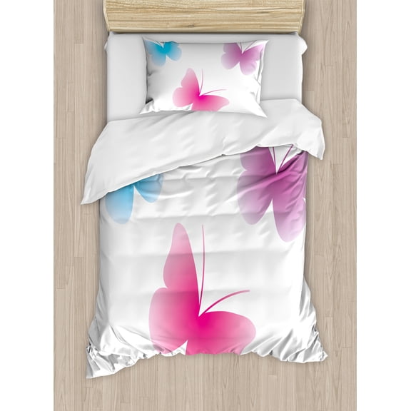 Animal Duvet Cover Set, Butterfly Silhouettes Colorful Design Wings Life Themed Image Print, Decorative 2 Piece Bedding Set with 1 Pillow Shams, Twin Size, Dried Rose Pink and Blue, by Ambesonne