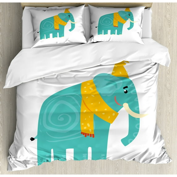 Animal Duvet Cover Set, Cartoon Big Animal with Hat and Scarf Print, Decorative 3 Piece Bedding Set with 2 Pillow Shams, King Size, Seafoam Orange, by Ambesonne