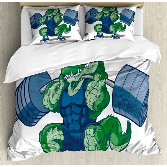 Animal Duvet Cover Set, Cartoon Crocodile Sporty Muscular Manly Alligator Villian Image Print, Decorative 3 Piece Bedding Set with 2 Pillow Shams, Calking Size, Jade Green Blue, by Ambesonne