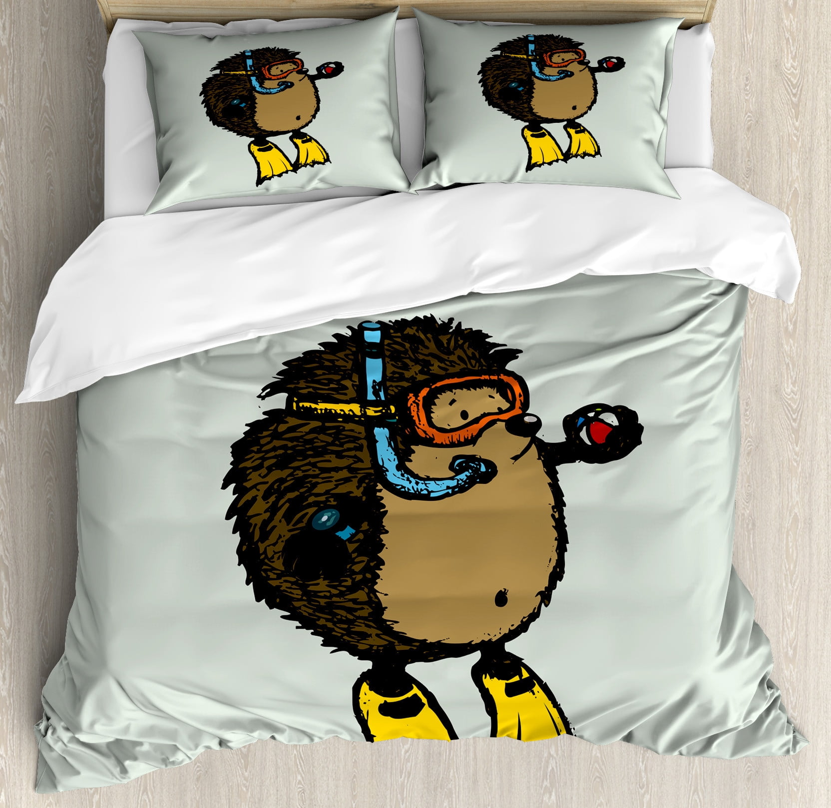 Pale Blue Yellow Cartoon Scuba Diver Hedgehog Queen Duvet Set