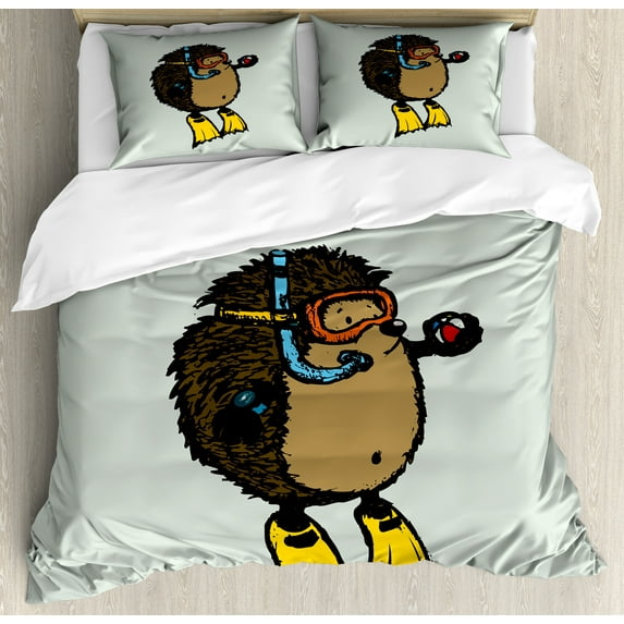 Animal Duvet Cover Set, Cartoon Scuba Diver Hedgehog Illustration Funny Sea Life Themed, Decorative 3 Piece Bedding Set with 2 Pillow Shams, Queen Size, Pale Blue Yellow, by Ambesonne