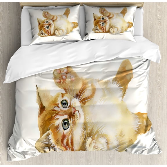 Animal Duvet Cover Set, Cat Playing with Feather in Watercolors Hand Drawn Illustration Art, Decorative 3 Piece Bedding Set with 2 Pillow Shams, Queen Size, Apricot Cream White, by Ambesonne