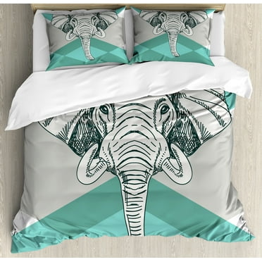 Animal Duvet Cover Set, Contemporary Image of Animal Head Minimalist Bohemian Style Modern Print, Decorative 3 Piece Bedding Set with 2 Pillow Shams, Calking Size, Teal Grey, by Ambesonne
