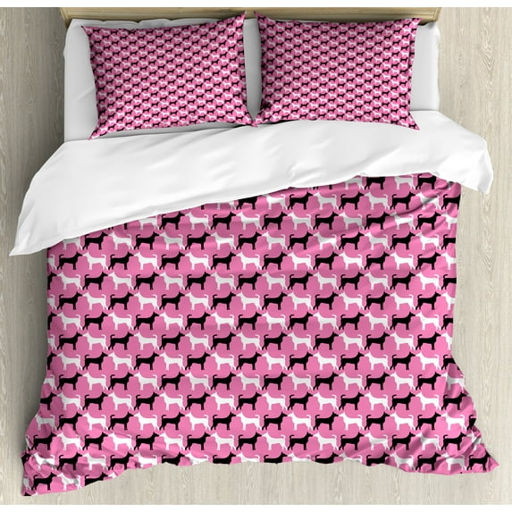 Animal Duvet Cover Set, Couple Dog Silhouettes Kissing Romantic Love Theme Design, Decorative 3 Piece Bedding Set with 2 Pillow Shams, Queen Size, Pink Charcoal Grey, by Ambesonne