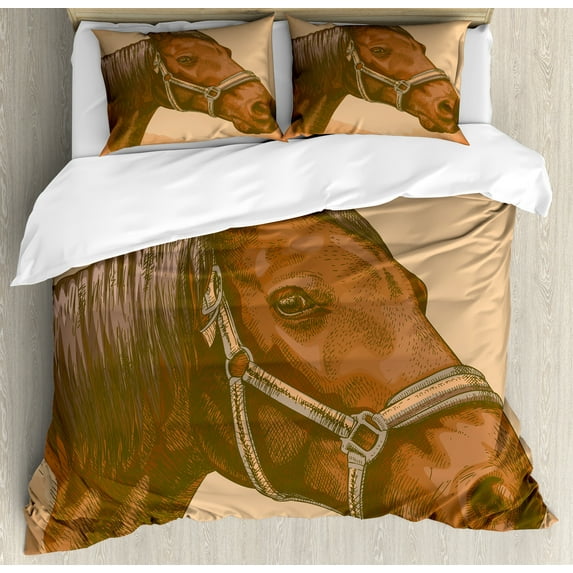 Animal Duvet Cover Set, Engraving Illustration of Detailed Hand Drawn Horse Head Retro Style Image, Decorative 3 Piece Bedding Set with 2 Pillow Shams, Queen Size, Brown and Sand Brown, by Ambesonne