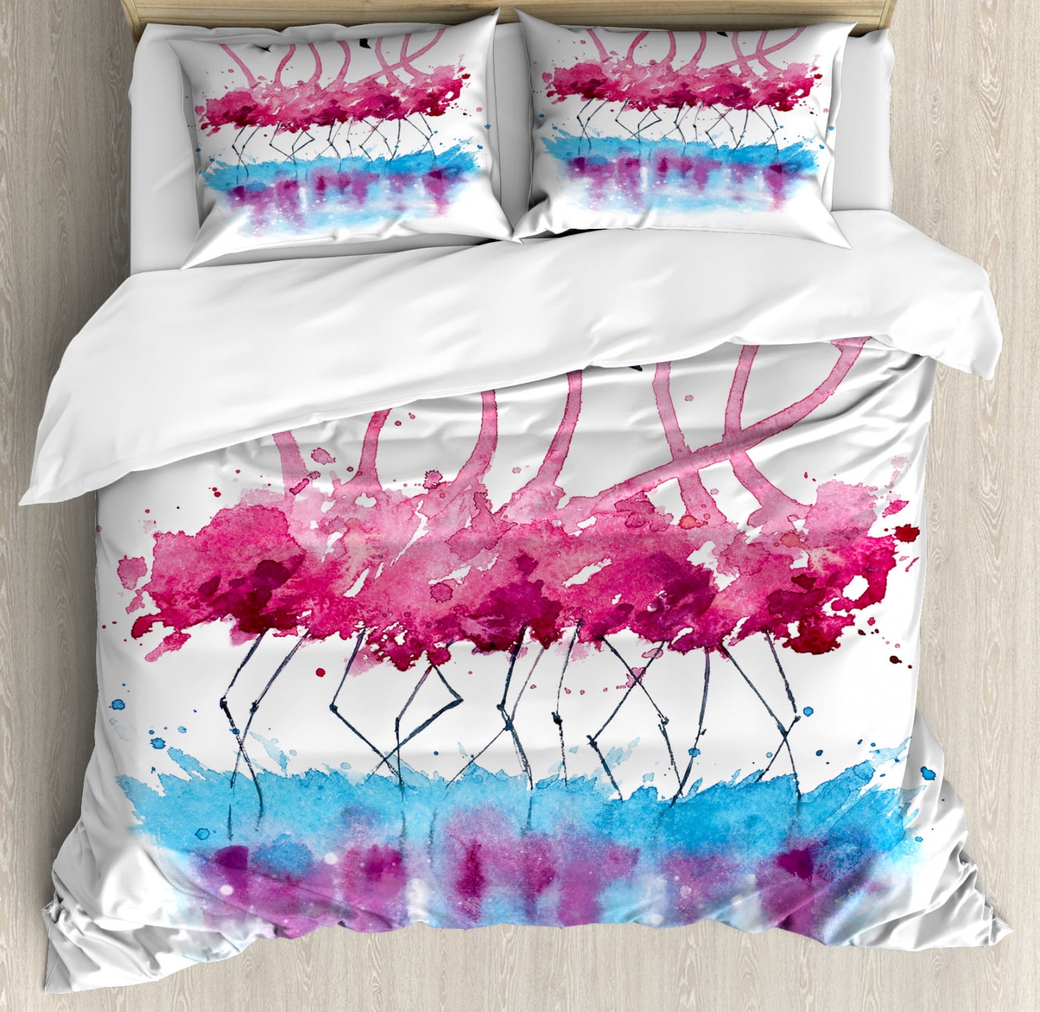 Twin Pink and Blue Flamingo Watercolor Duvet Cover Set
