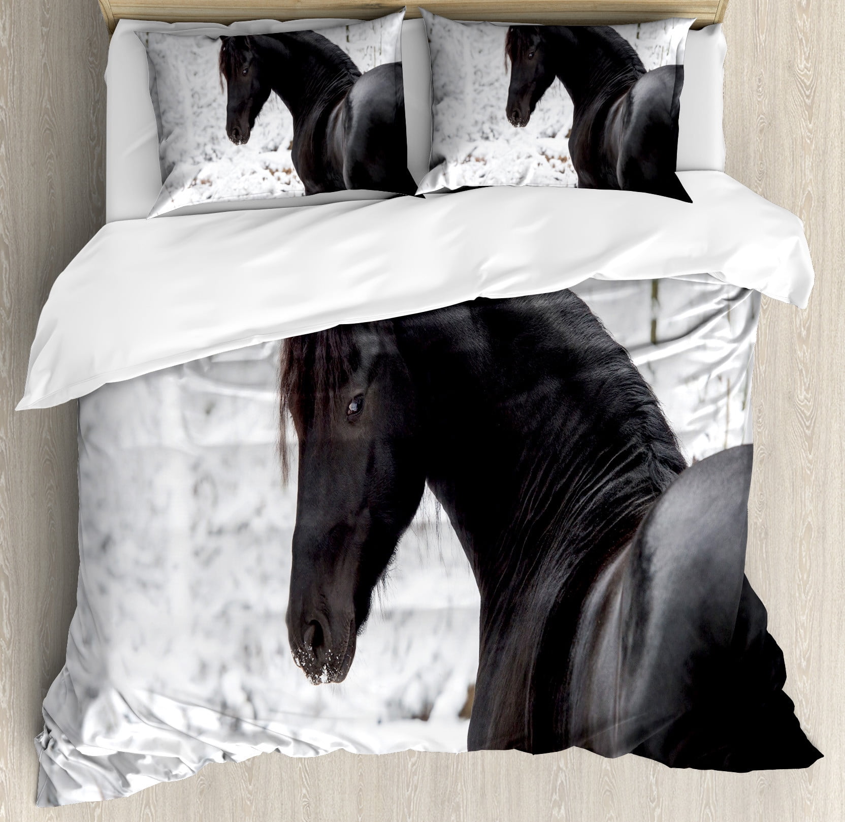 King Size Black Friesian Horse Duvet Cover Set