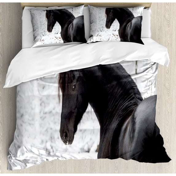 Animal Duvet Cover Set, Friesian Sport Horse Portrait on a Snowy Winter Background Novelty Picture Print, Decorative 3 Piece Bedding Set with 2 Pillow Shams, Queen Size, White, by Ambesonne