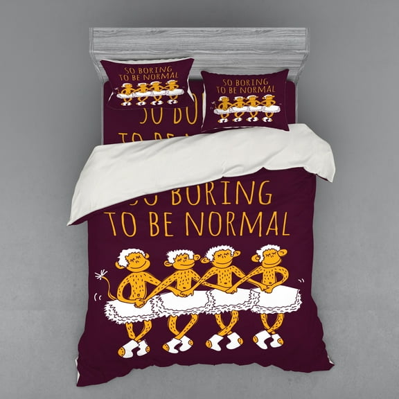 Animal Duvet Cover Set, Funny Ballerina Dancing Monkeys with So Boring to Be Normal Words Print, Bedding Set with Shams and Fitted Sheet, 3 Sizes, by Ambesonne