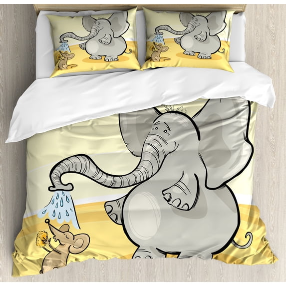 Animal Duvet Cover Set, Funny Bathing Mouse Trunk in the Desert Cartoon Animal Print, Decorative 3 Piece Bedding Set with 2 Pillow Shams, King Size, Grey Yellow Cream, by Ambesonne
