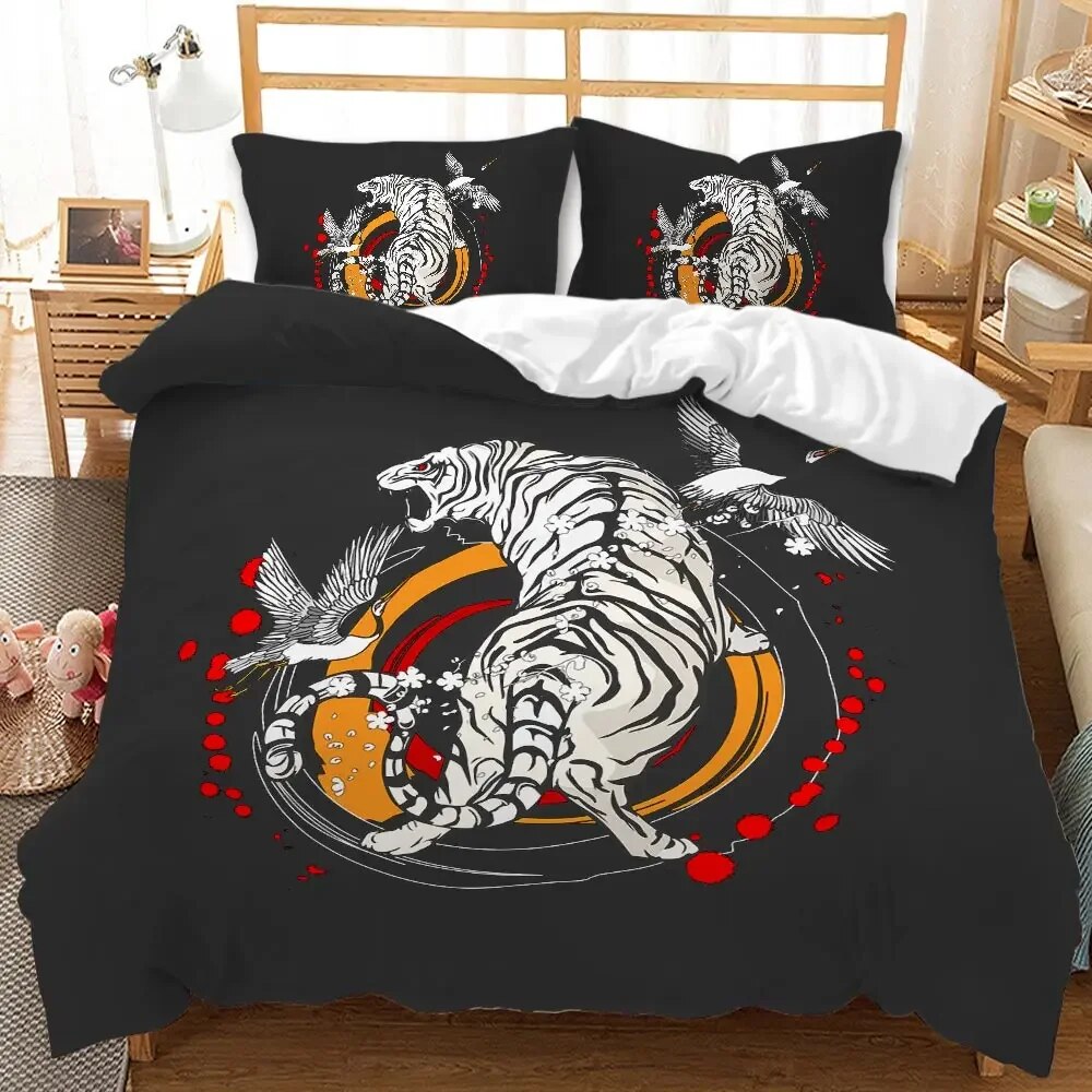 Animal Duvet Cover Set Gecko and Crane Bohemian Exotic Tribal Style