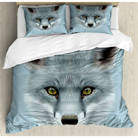 Animal Duvet Cover Set, Grey Fox Portrait Fluffy Forest Creature Mammal Wildlife Style Illustration, Decorative 3 Piece Bedding Set with 2 Pillow Shams, King Size, Pale Blue, by Ambesonne