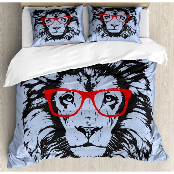 Animal Duvet Cover Set, Grunge Lion Portrait with Hipster Glasses Nerd Humor Comic King Illustration, Decorative 3 Piece Bedding Set with 2 Pillow Shams, Queen Size, Blue Black Red, by Ambesonne