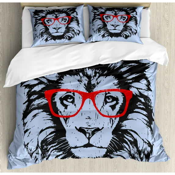 Animal Duvet Cover Set, Grunge Lion Portrait with Hipster Glasses Nerd Humor Comic King Illustration, Decorative 3 Piece Bedding Set with 2 Pillow Shams, King Size, Blue Black Red, by Ambesonne