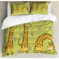 thumbnail image 1 of Animal Duvet Cover Set, Hand Drawn Illustration of Giraffes on Background with Flowers, Decorative 3 Piece Bedding Set with 2 Pillow Shams, King Size, Avocado Green Caramel, by Ambesonne, 1 of 3