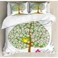 thumbnail image 1 of Animal Duvet Cover Set, Heart Shape Spring Tree with Flowers Blossom and Singing Bird Love Season Art, Decorative 3 Piece Bedding Set with 2 Pillow Shams, Queen Size, Pink Green Brown, by Ambesonne, 1 of 3