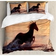 thumbnail image 1 of Animal Duvet Cover Set, Horse Sea at Sunset Time Horizon Speed Exotic Nature Animal Picture Art, Decorative 3 Piece Bedding Set with 2 Pillow Shams, Queen Size, Salmon Dark Brown, by Ambesonne, 1 of 3