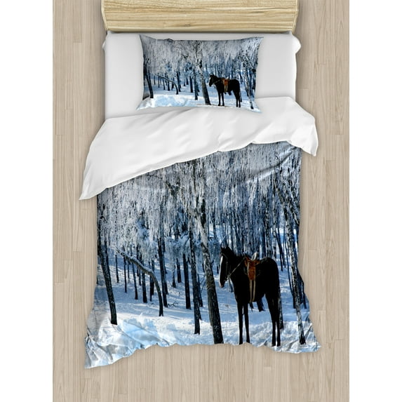 Animal Duvet Cover Set, Horse between Trees in the Winter Forest Frozen Woods Icy Land Nature Picture, Decorative 2 Piece Bedding Set with 1 Pillow Shams, Twin Size, Brown White, by Ambesonne