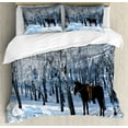thumbnail image 1 of Animal Duvet Cover Set, Horse between Trees in the Winter Forest Frozen Woods Icy Land Nature Picture, Decorative 3 Piece Bedding Set with 2 Pillow Shams, King Size, Brown White, by Ambesonne, 1 of 3